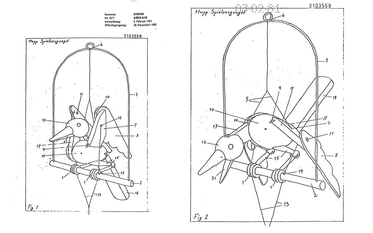 Skizzen für Spielzeugvögel aus den Patentschriften (1973/1981)